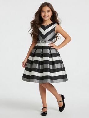 BONNIE JEAN, KIDS (SIZE: 14)BLACK SILVER METALLIC STRIPED FANCY PARTY DRESS $68